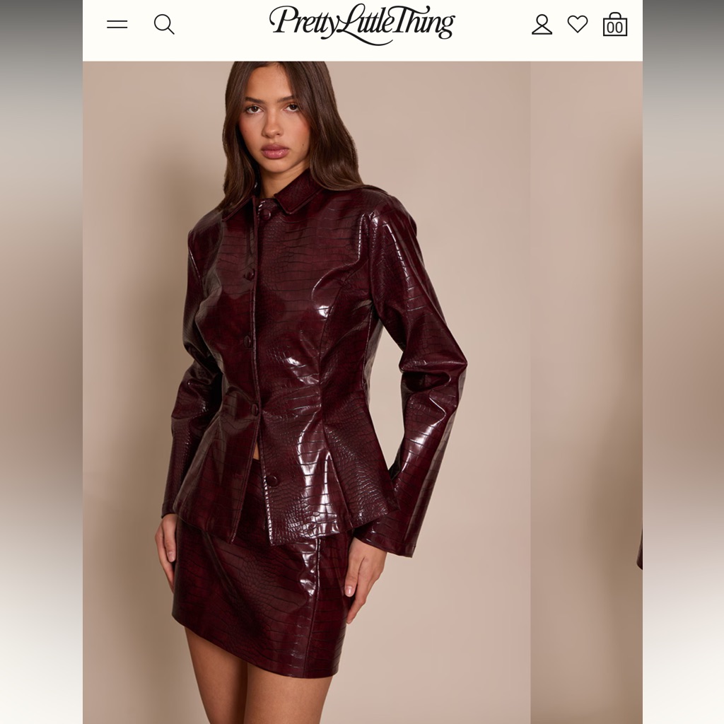 Pretty Little Thing- Burgandy Croc Jacket & Skirt Set!